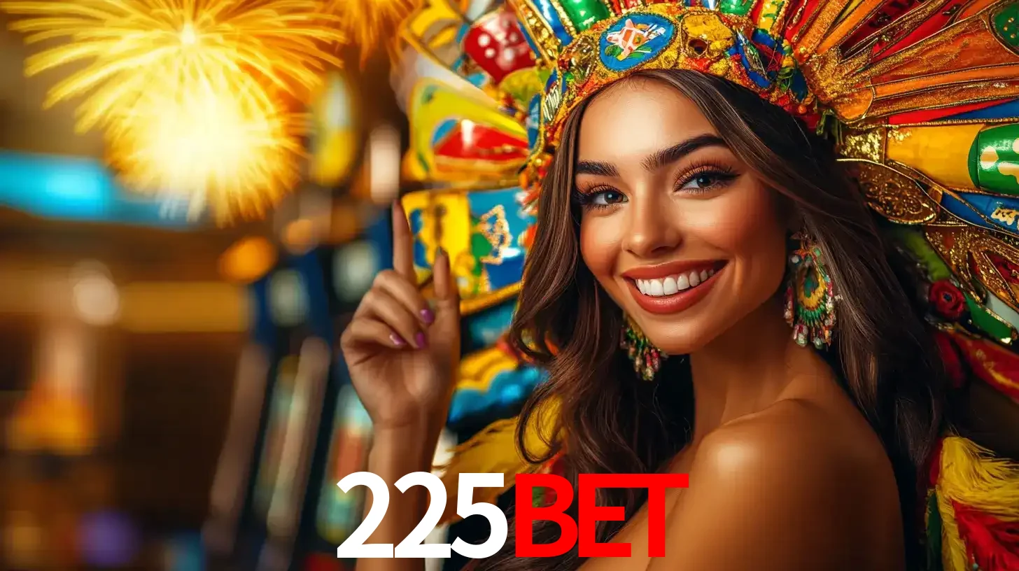 Mulher sorridente com um cocar de carnaval vibrante e colorido, celebrando uma grande vitória nos jogos do cassino 225bet com fogos de artifício ao fundo.