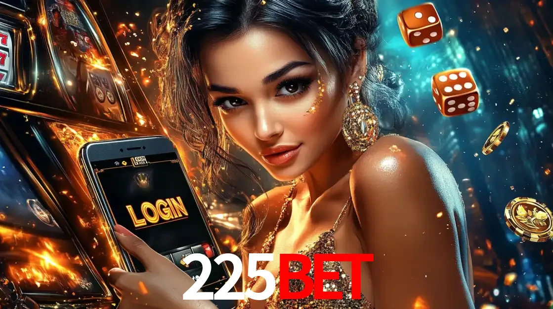 Mulher glamourosa segurando um celular com a tela de login do cassino 225bet, rodeada por dados e moedas douradas, pronta para começar a diversão.