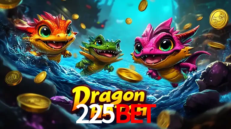Arte promocional do jogo Dragon Hatch com três adoráveis dragões bebês nadando entre moedas de ouro, um dos slots mais divertidos para jogar no cassino 225bet.