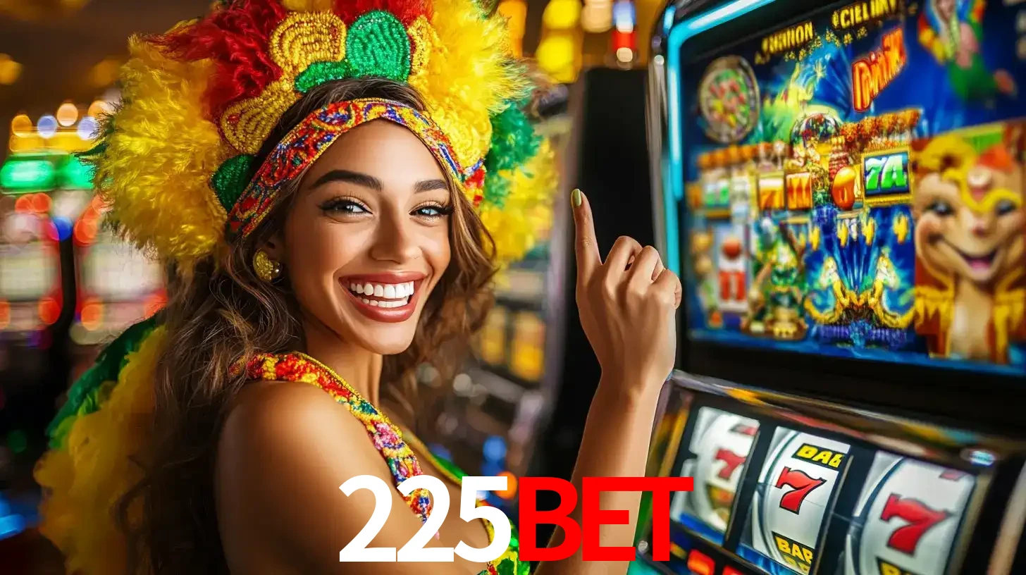 Mulher animada com um cocar de carnaval apontando para uma máquina de caça-níqueis, mostrando a emoção de ganhar um grande prêmio nos jogos do 225bet.