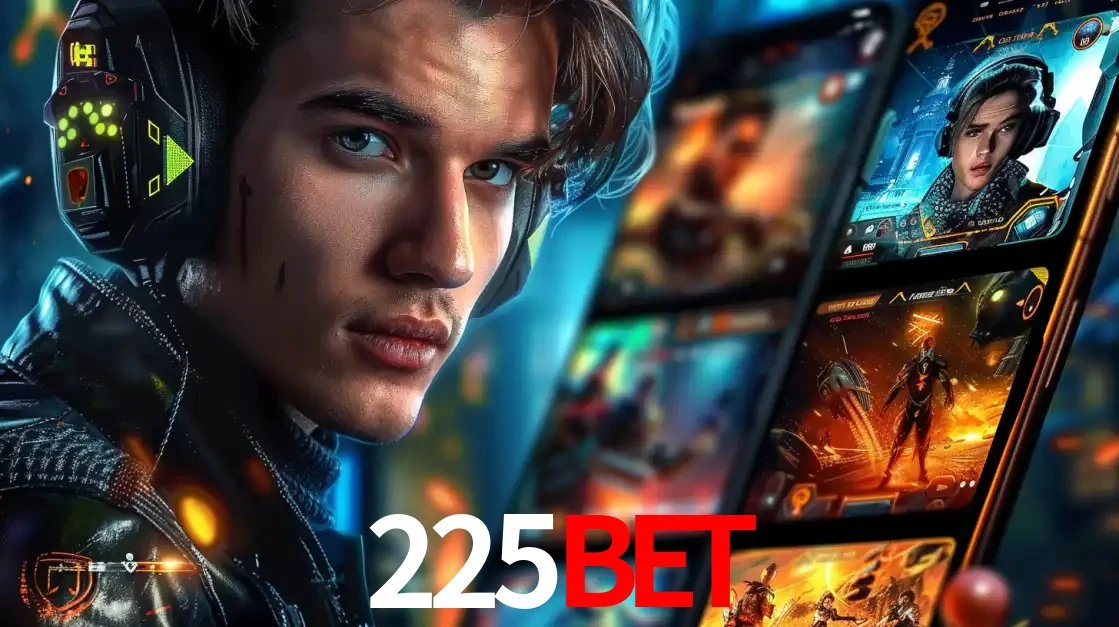 Jovem jogador com fones de ouvido olhando para a câmera, com um aplicativo de jogos e e-sports para celular ao fundo, pronto para a competição e apostas no 225bet.