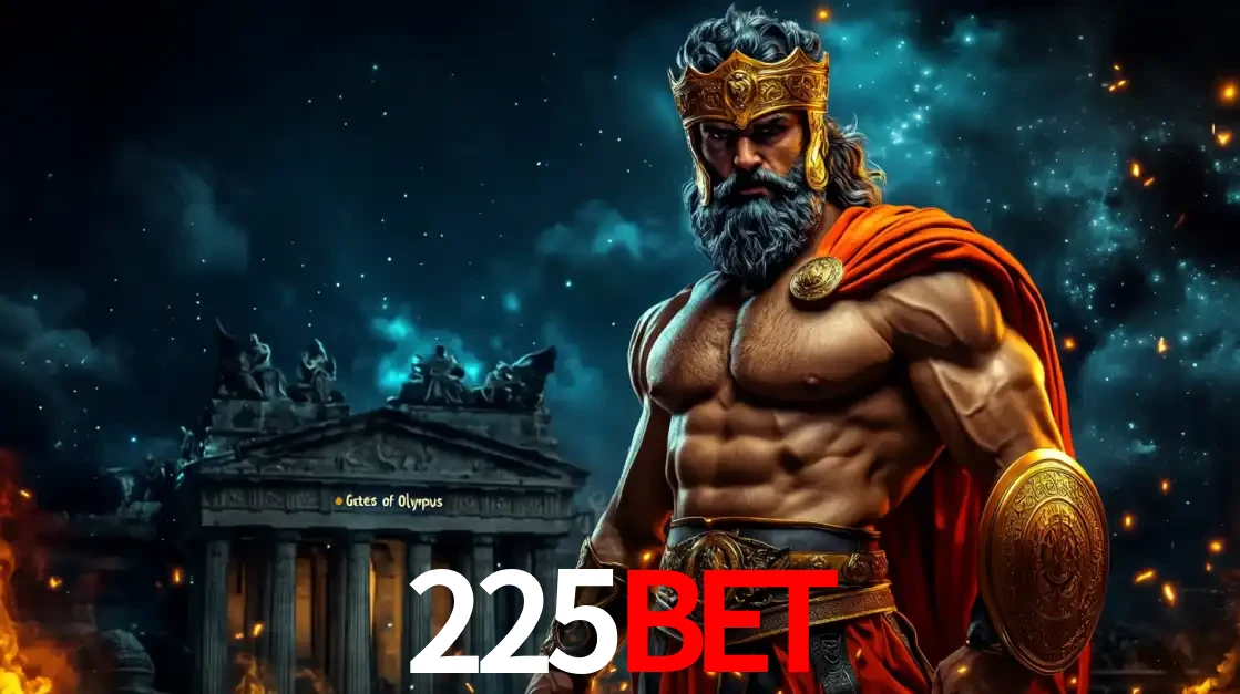 O poderoso Zeus do jogo de slot Gates of Olympus em frente ao seu templo, pronto para lançar multiplicadores divinos e prêmios épicos no cassino online 225bet.