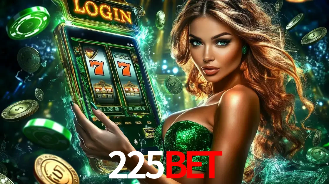 Mulher com tema verde apresentando o aplicativo do cassino 225bet com um jogo de slot de 777, cercada por fichas de cassino e uma aura de sorte.