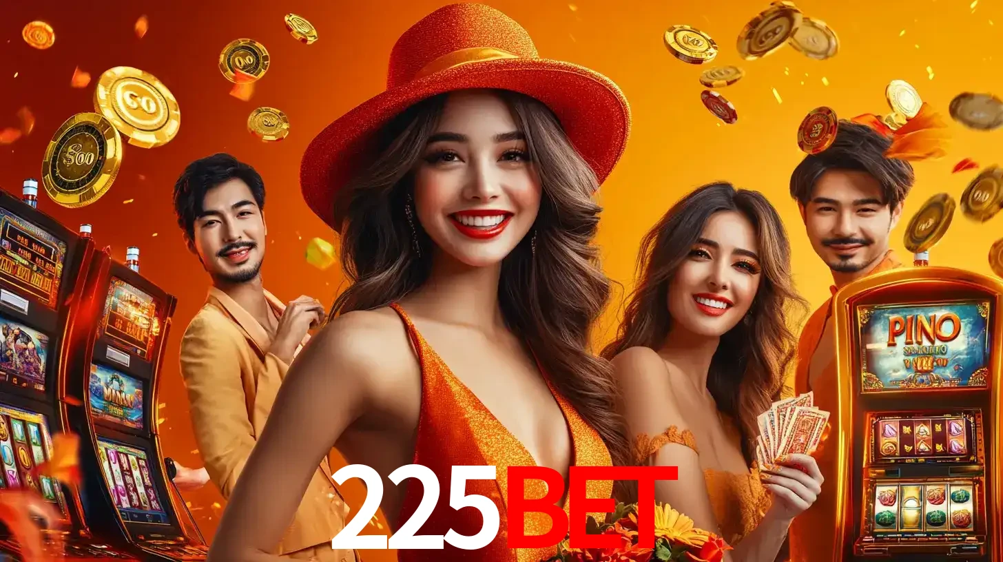 Grupo de amigos asiáticos sorrindo e se divertindo com máquinas de caça-níqueis em um ambiente festivo, celebrando suas vitórias nos jogos de cassino do 225bet.