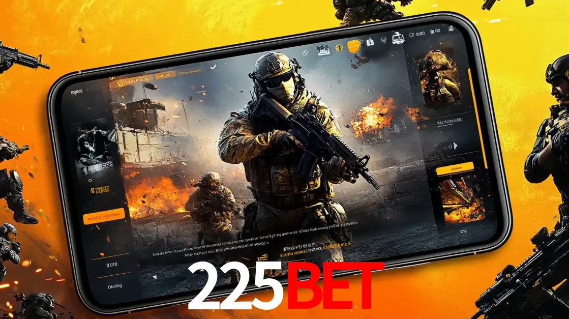 Um smartphone exibindo a interface de um jogo de tiro em primeira pessoa, com um soldado em um cenário de batalha, representando a ação dos e-sports para apostar no 225bet.