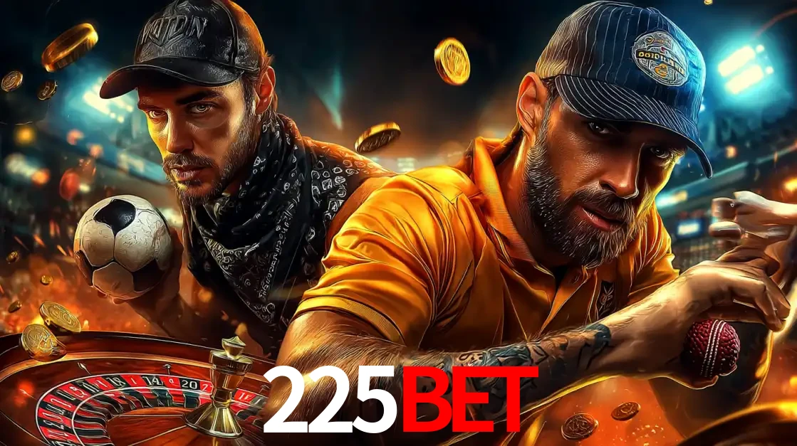 Montagem de apostas esportivas e cassino no 225bet, com um homem segurando uma bola de futebol e outro uma de beisebol sobre uma roleta e moedas voadoras.