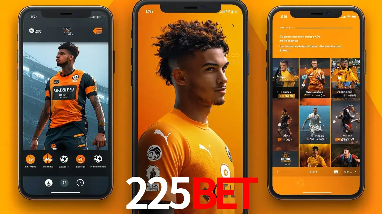 Interface do aplicativo de apostas esportivas 225bet em três telas de celular, mostrando o perfil de um jogador de futebol e a lista de jogos disponíveis para apostar.