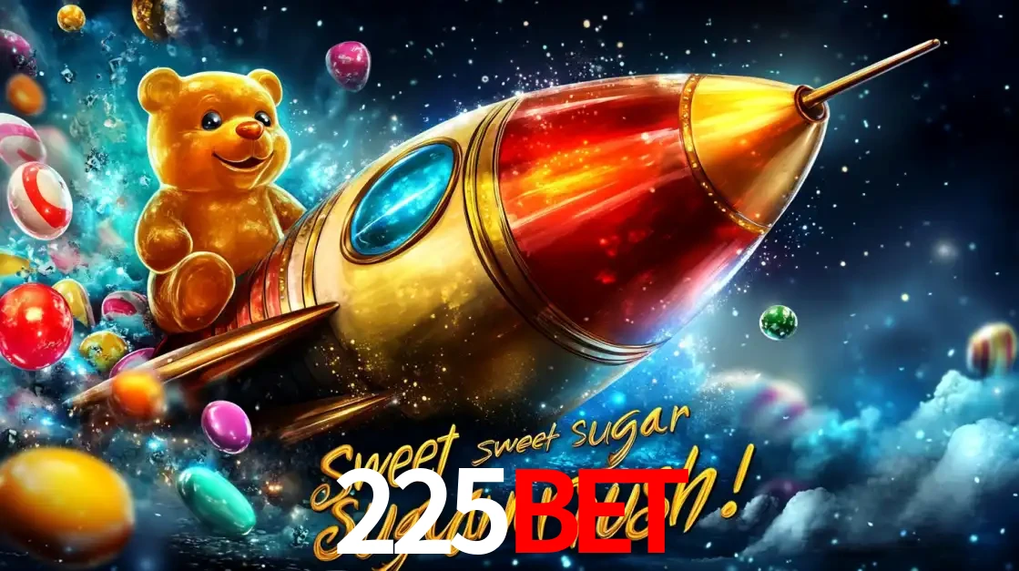 Arte promocional do jogo de slot Sugar Rush, com um urso de pelúcia em um foguete viajando pelo espaço de doces, um dos jogos divertidos disponíveis no cassino 225bet.