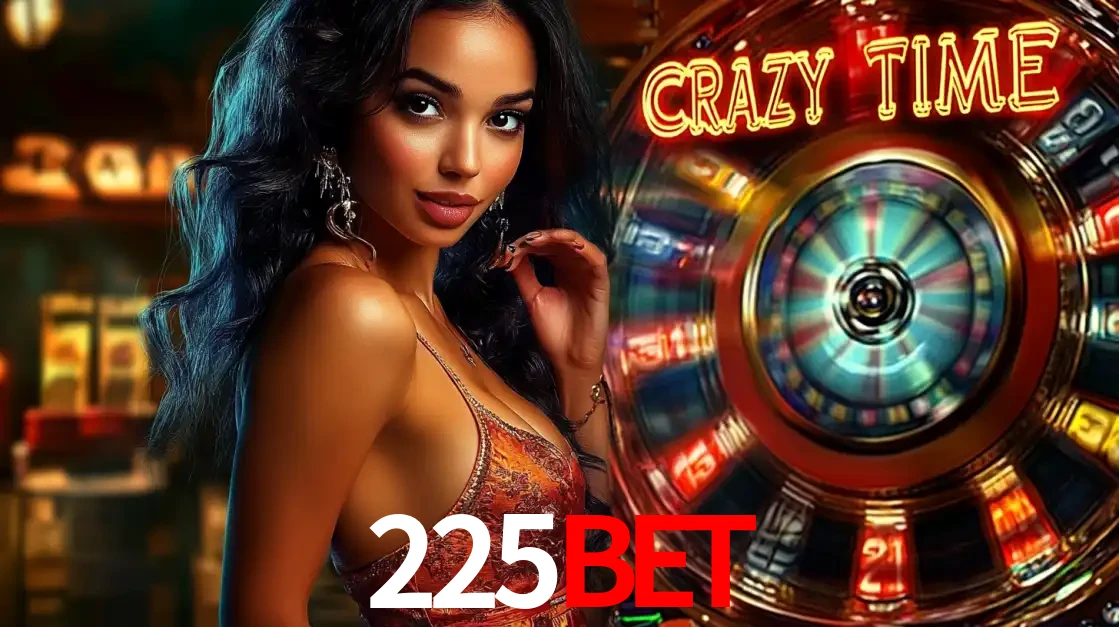Mulher elegante ao lado da vibrante roda da fortuna do jogo de cassino ao vivo Crazy Time, um dos game shows mais populares e cheios de prêmios do 225bet.
