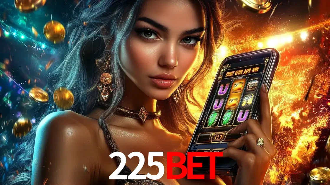 Mulher elegante mostrando um jogo de caça-níqueis em seu smartphone, destacando a experiência de cassino móvel oferecida pelo aplicativo 225bet.