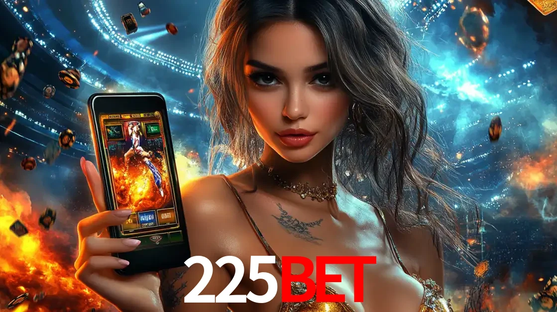 Mulher segurando um celular com um jogo de slot em destaque, tendo como fundo um estádio vibrante, simbolizando a emoção de jogar no cassino móvel 225bet.