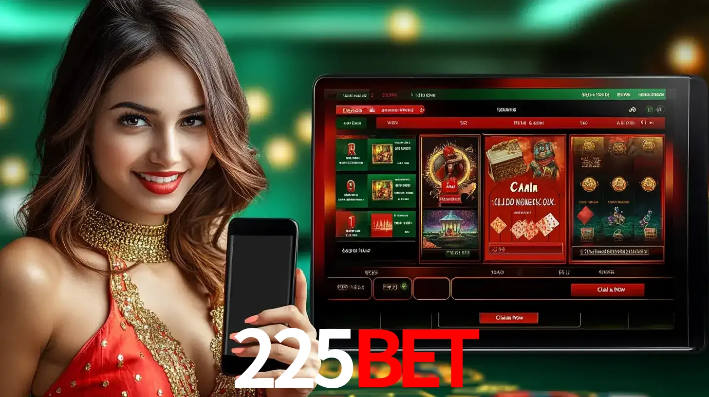 Mulher sorridente segurando um smartphone, ao lado de uma tela exibindo o lobby de jogos do cassino online 225bet, com várias opções de jogos de cartas e slots.